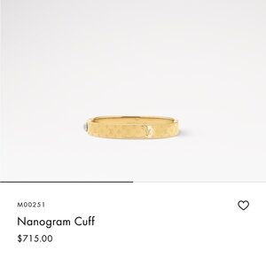 Brand new w tags gift box & gift bag Never worn Louis Vuitton Nanogram gold cuff